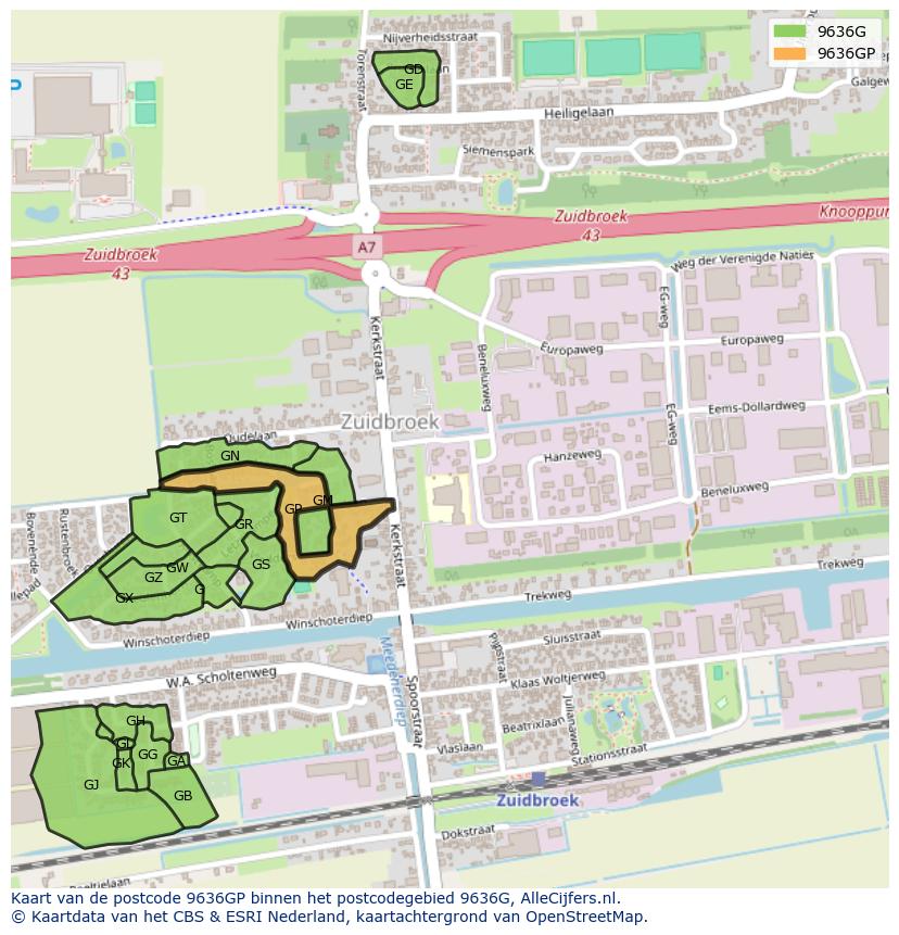 Afbeelding van het postcodegebied 9636 GP op de kaart.