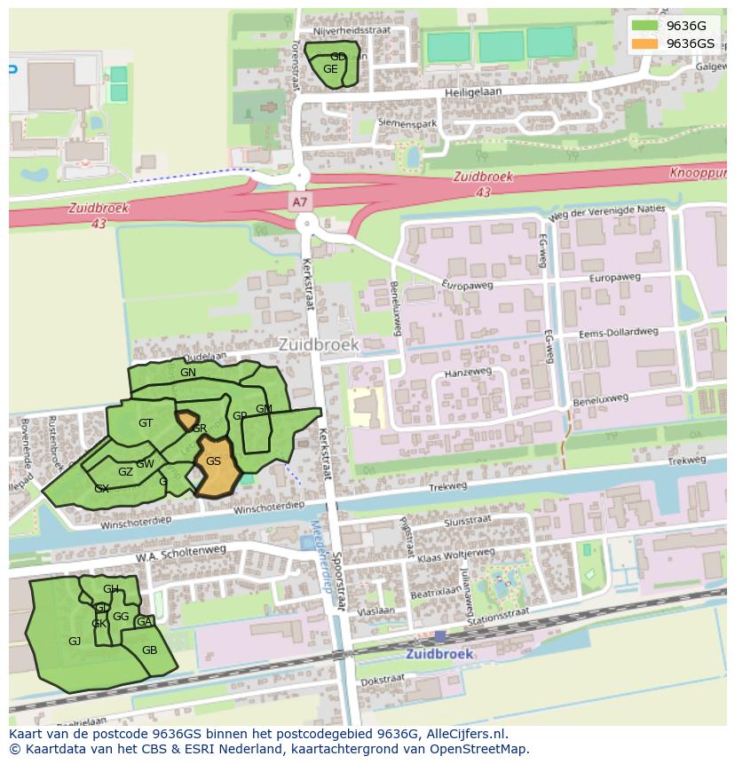 Afbeelding van het postcodegebied 9636 GS op de kaart.