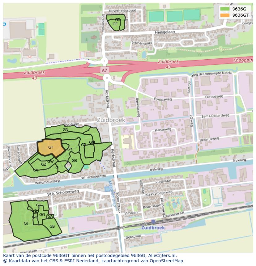 Afbeelding van het postcodegebied 9636 GT op de kaart.