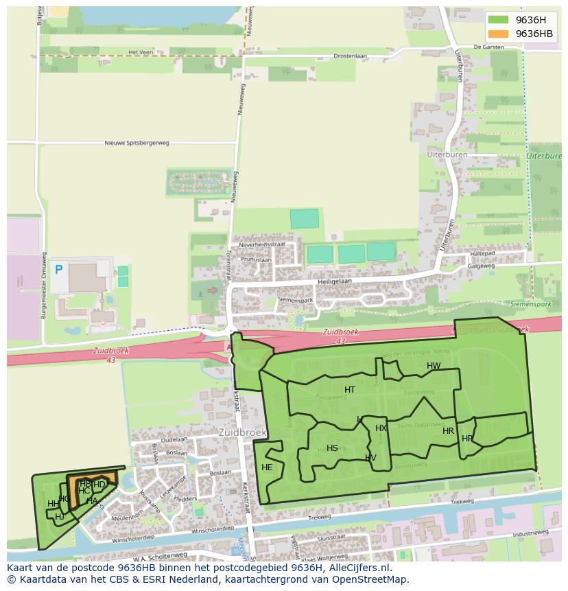 Afbeelding van het postcodegebied 9636 HB op de kaart.