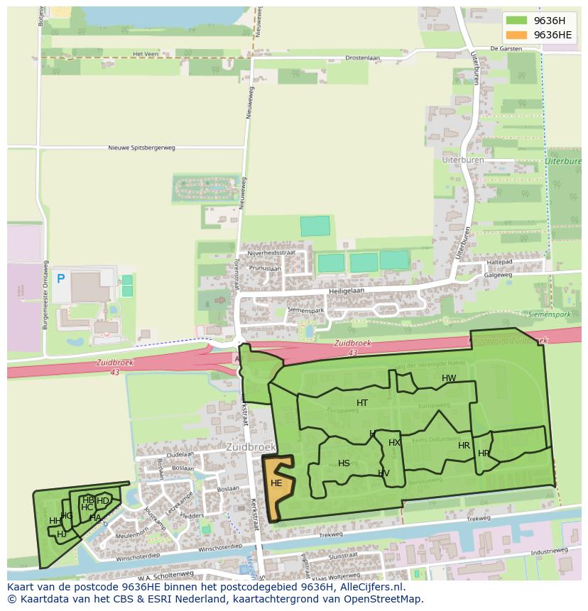 Afbeelding van het postcodegebied 9636 HE op de kaart.