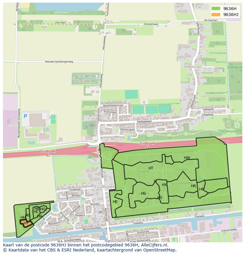 Afbeelding van het postcodegebied 9636 HJ op de kaart.
