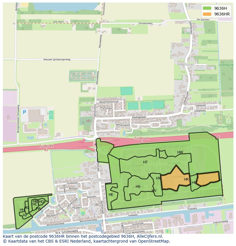 Afbeelding van het postcodegebied 9636 HR op de kaart.