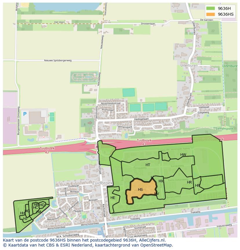 Afbeelding van het postcodegebied 9636 HS op de kaart.
