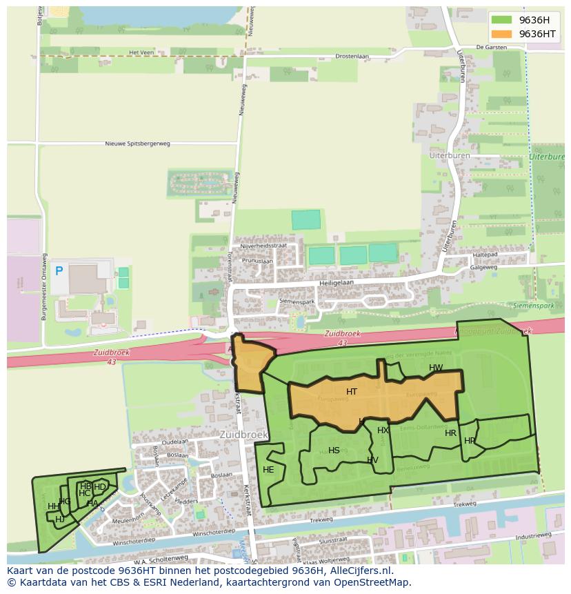 Afbeelding van het postcodegebied 9636 HT op de kaart.