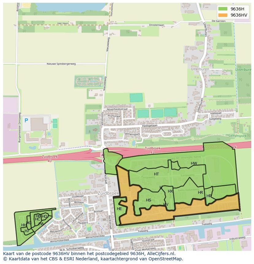 Afbeelding van het postcodegebied 9636 HV op de kaart.