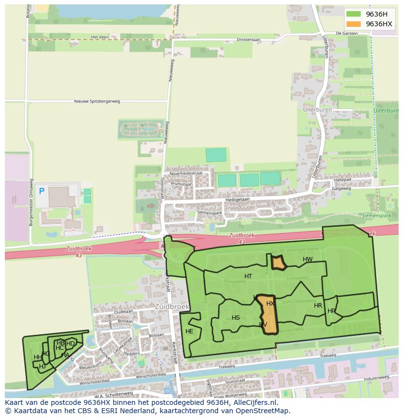 Afbeelding van het postcodegebied 9636 HX op de kaart.