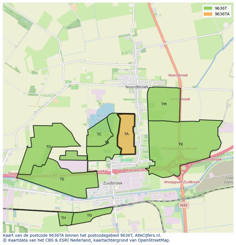 Afbeelding van het postcodegebied 9636 TA op de kaart.
