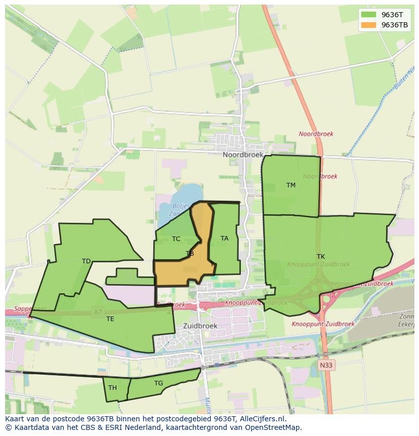 Afbeelding van het postcodegebied 9636 TB op de kaart.