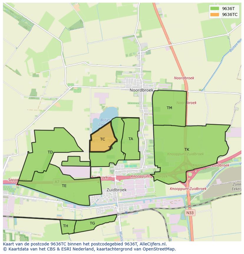 Afbeelding van het postcodegebied 9636 TC op de kaart.