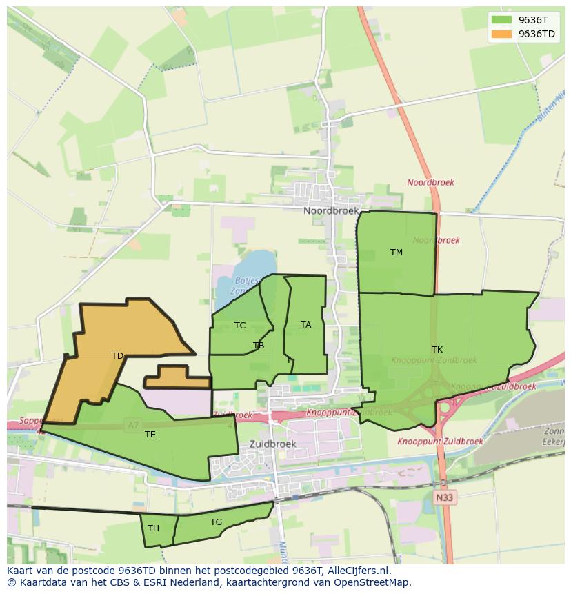 Afbeelding van het postcodegebied 9636 TD op de kaart.