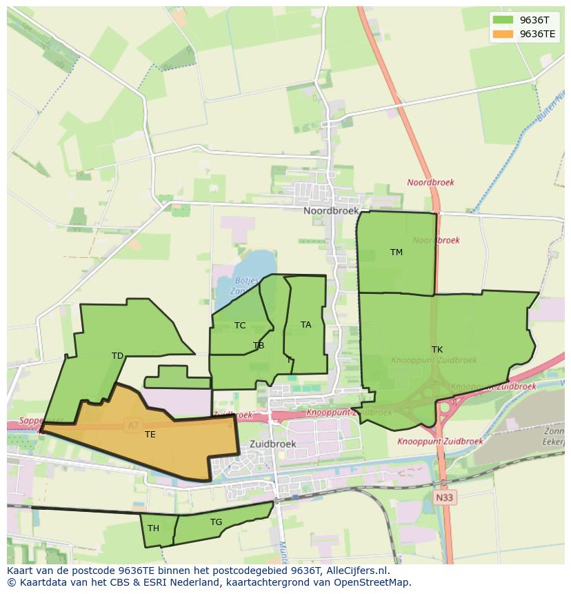Afbeelding van het postcodegebied 9636 TE op de kaart.