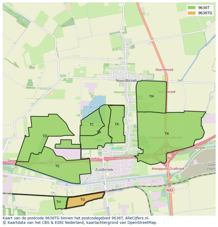 Afbeelding van het postcodegebied 9636 TG op de kaart.