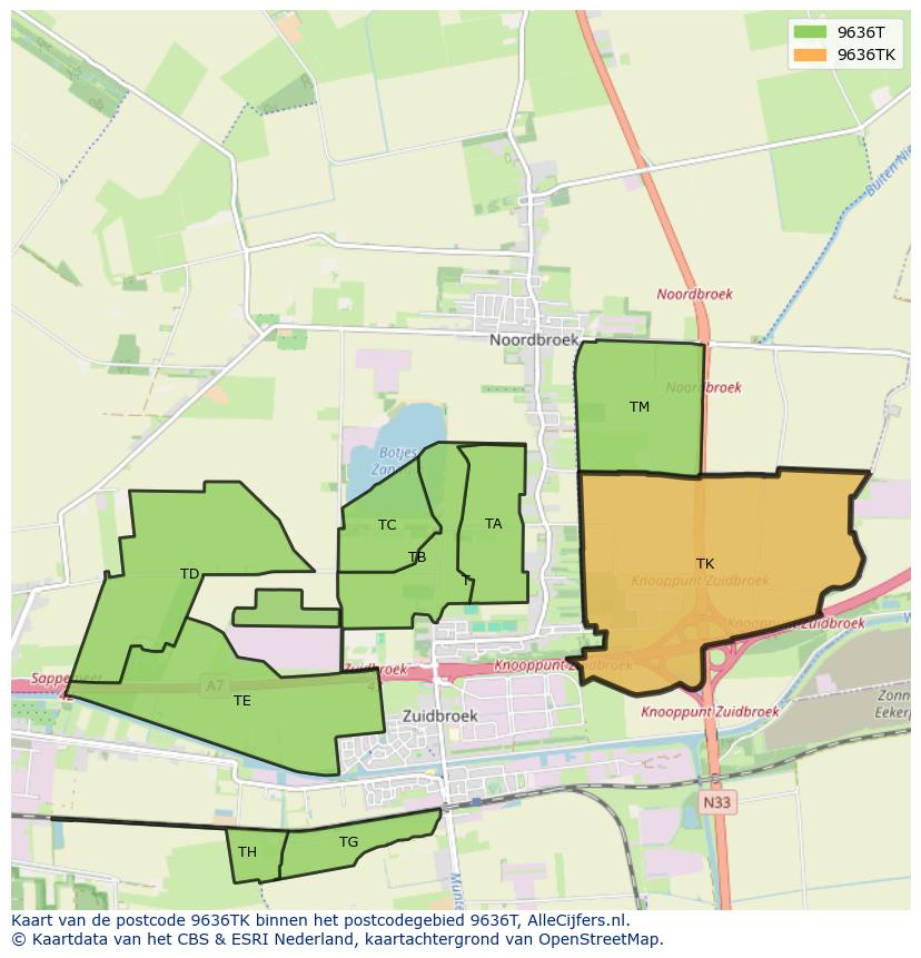 Afbeelding van het postcodegebied 9636 TK op de kaart.