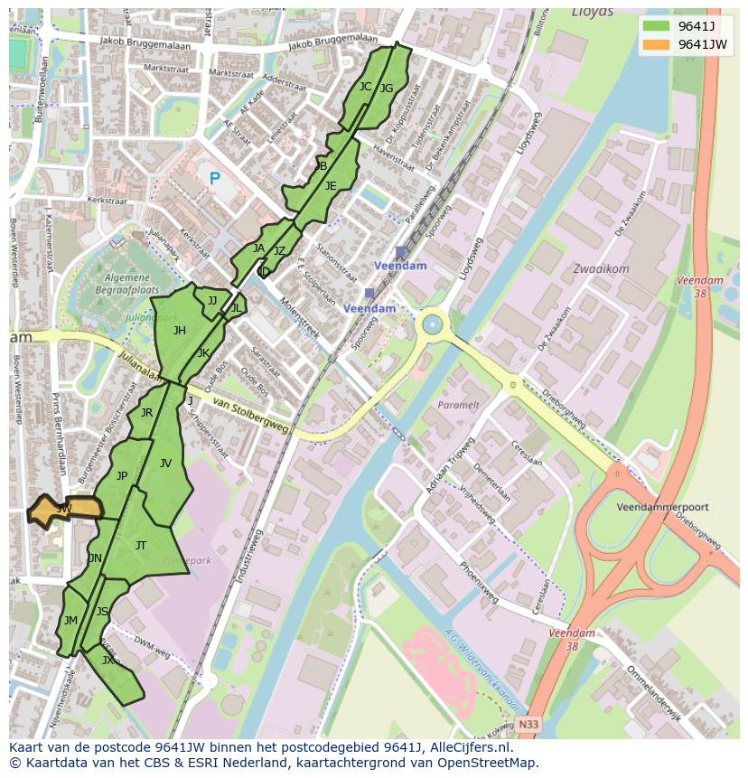 Afbeelding van het postcodegebied 9641 JW op de kaart.