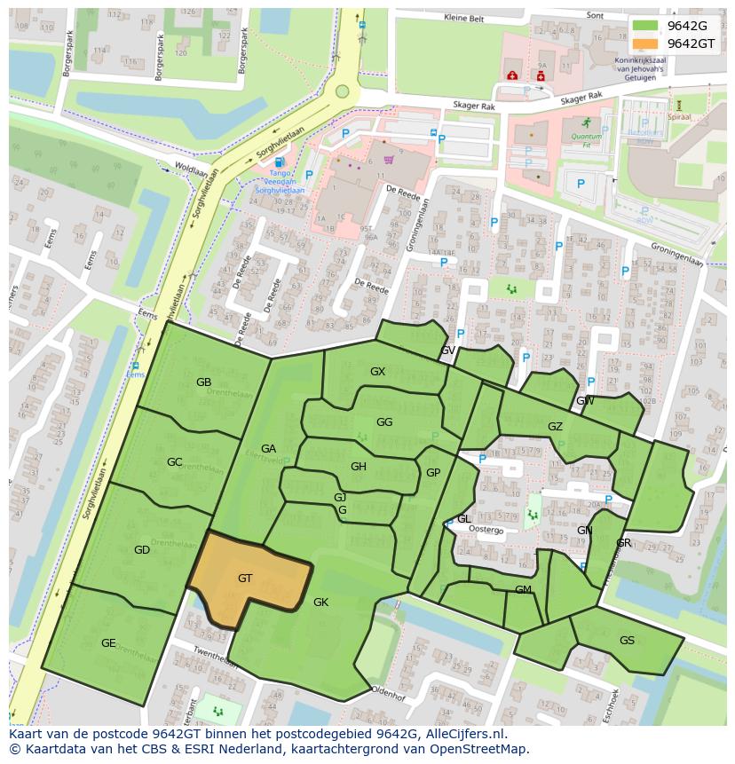 Afbeelding van het postcodegebied 9642 GT op de kaart.
