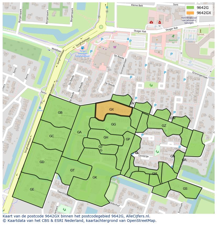 Afbeelding van het postcodegebied 9642 GX op de kaart.