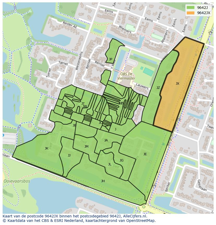 Afbeelding van het postcodegebied 9642 JX op de kaart.