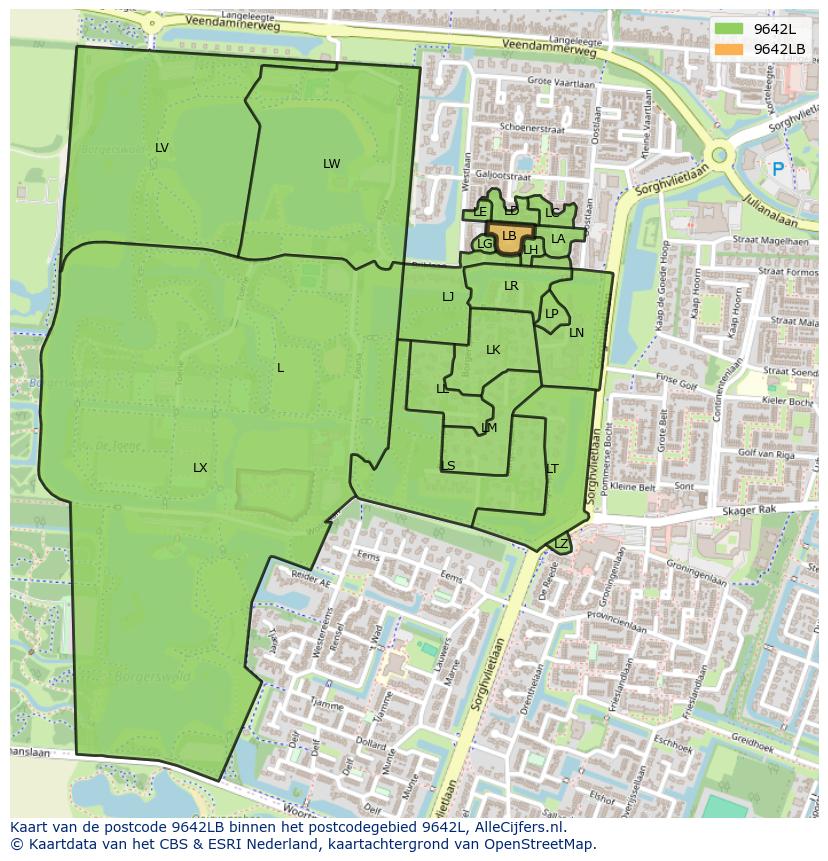 Afbeelding van het postcodegebied 9642 LB op de kaart.