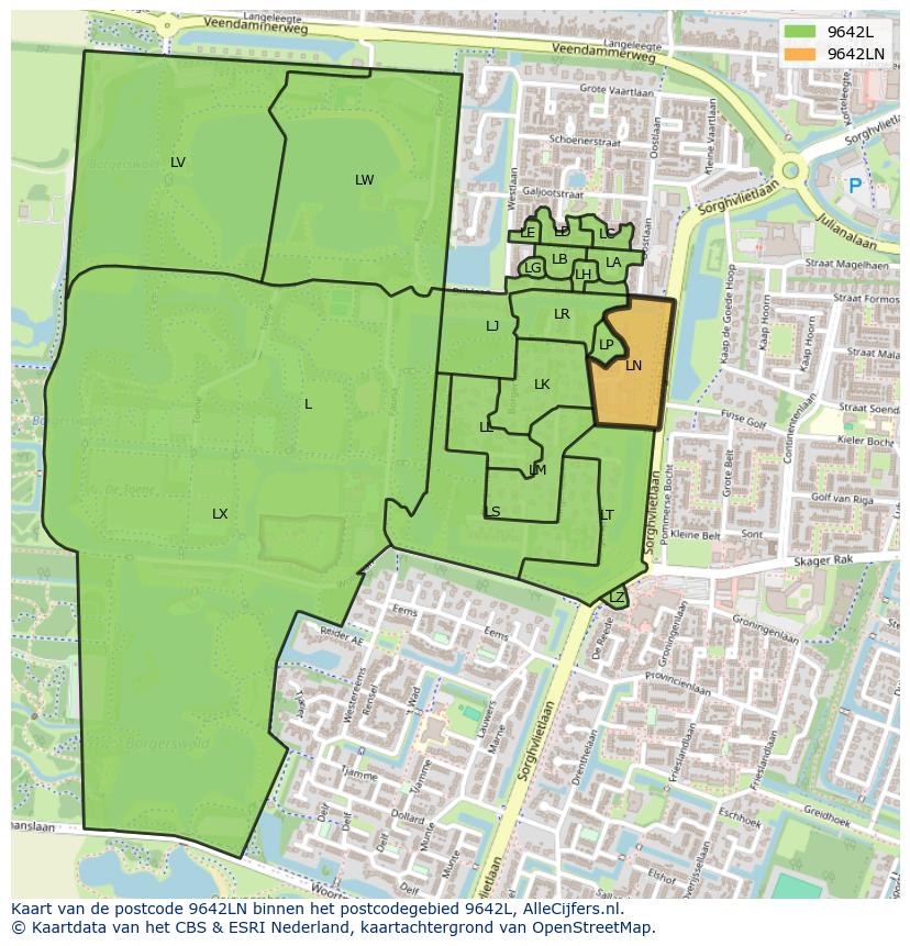 Afbeelding van het postcodegebied 9642 LN op de kaart.