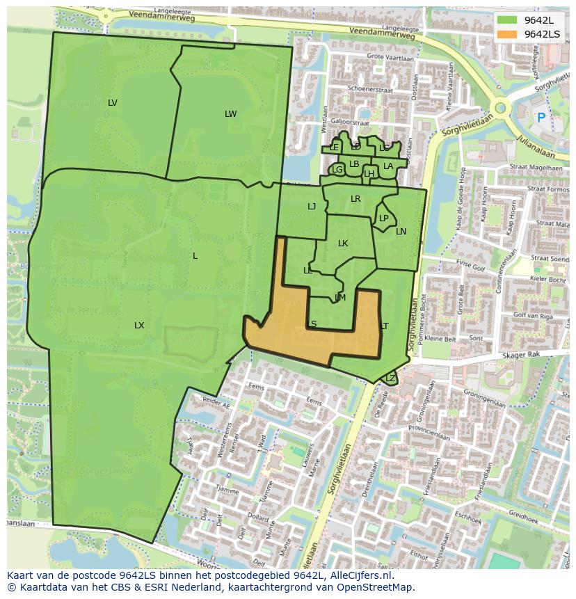 Afbeelding van het postcodegebied 9642 LS op de kaart.