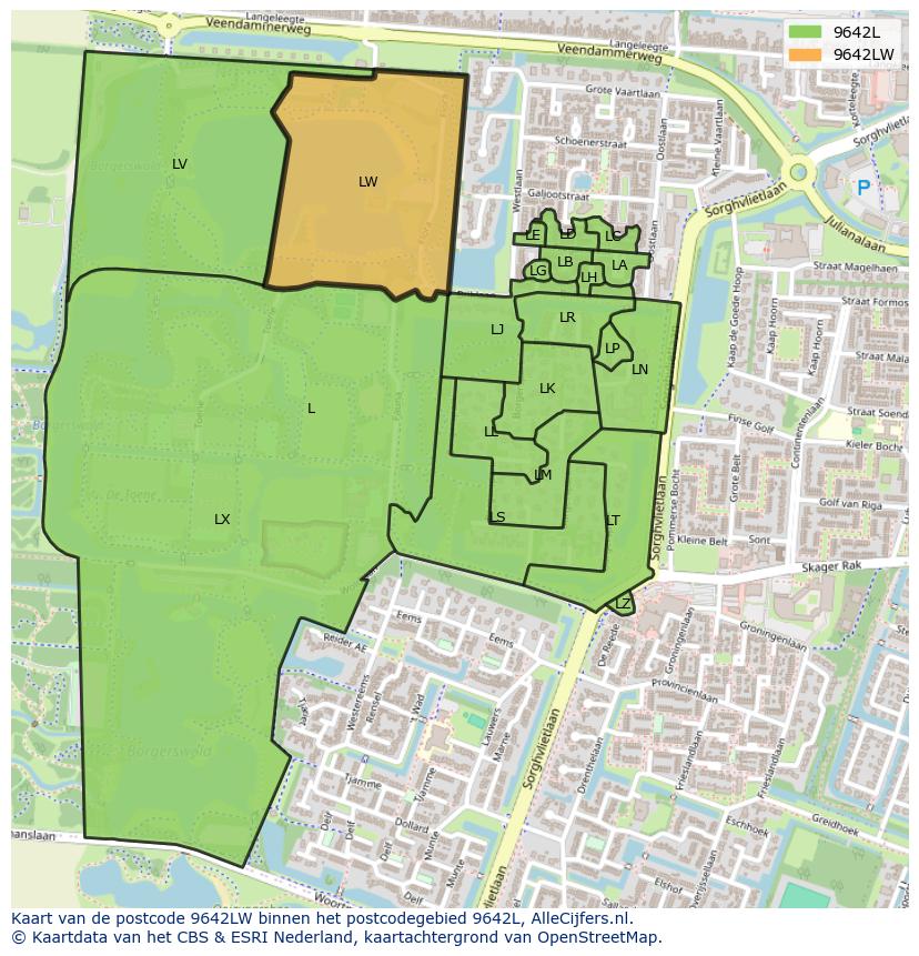 Afbeelding van het postcodegebied 9642 LW op de kaart.