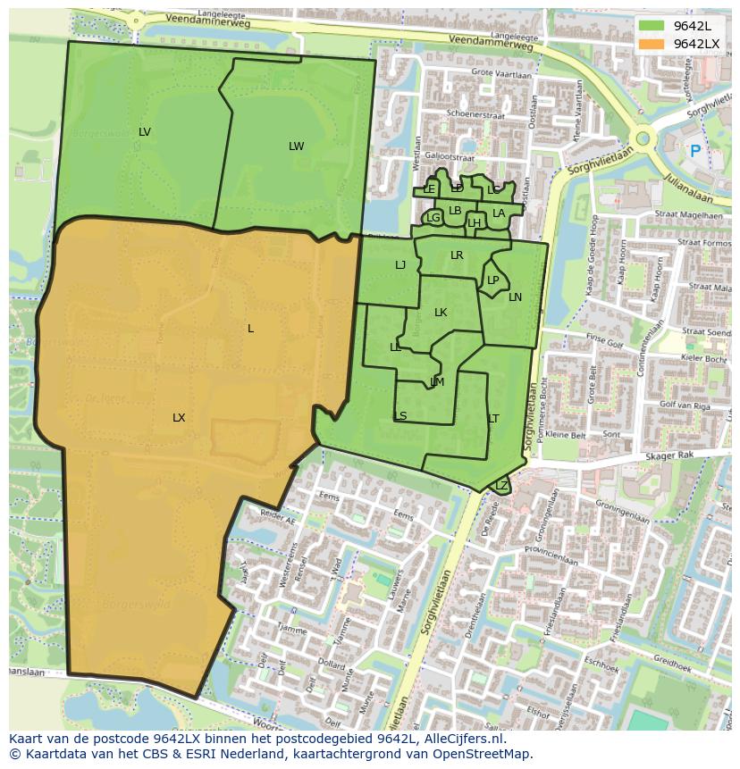 Afbeelding van het postcodegebied 9642 LX op de kaart.