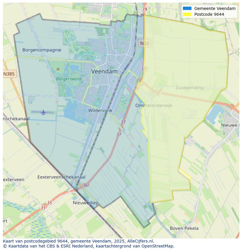 Afbeelding van het postcodegebied 9644 op de kaart.