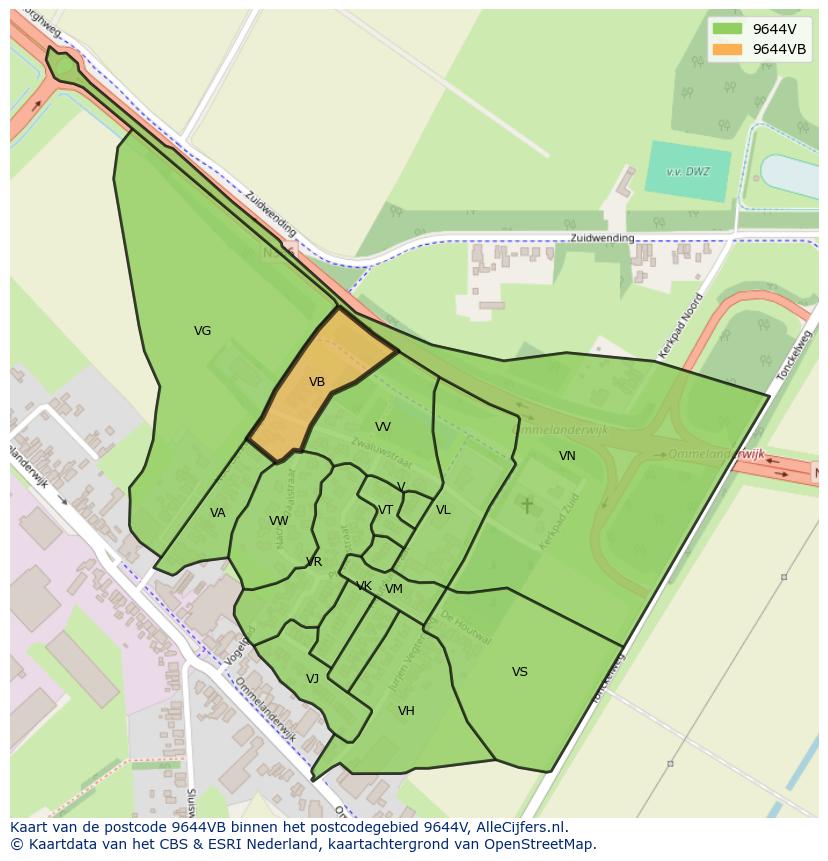 Afbeelding van het postcodegebied 9644 VB op de kaart.