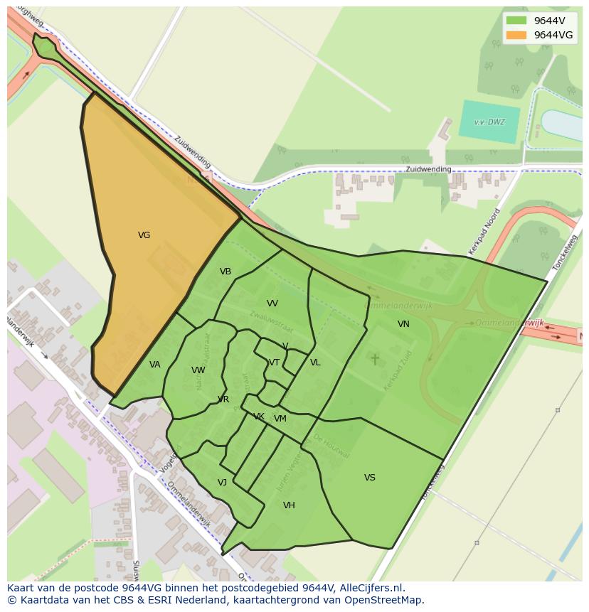Afbeelding van het postcodegebied 9644 VG op de kaart.