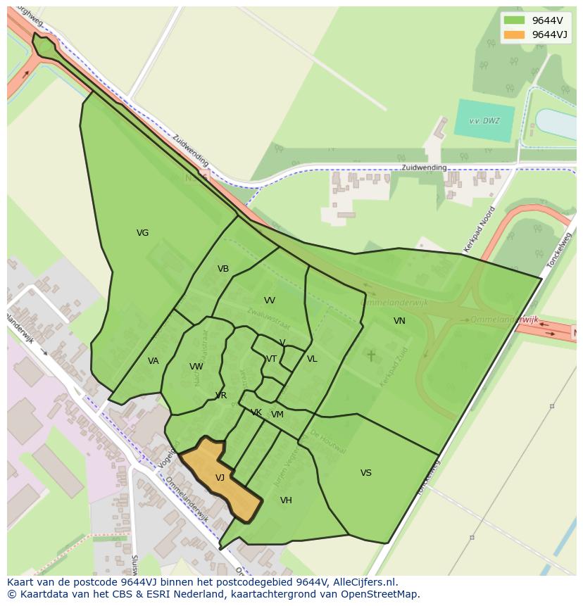 Afbeelding van het postcodegebied 9644 VJ op de kaart.