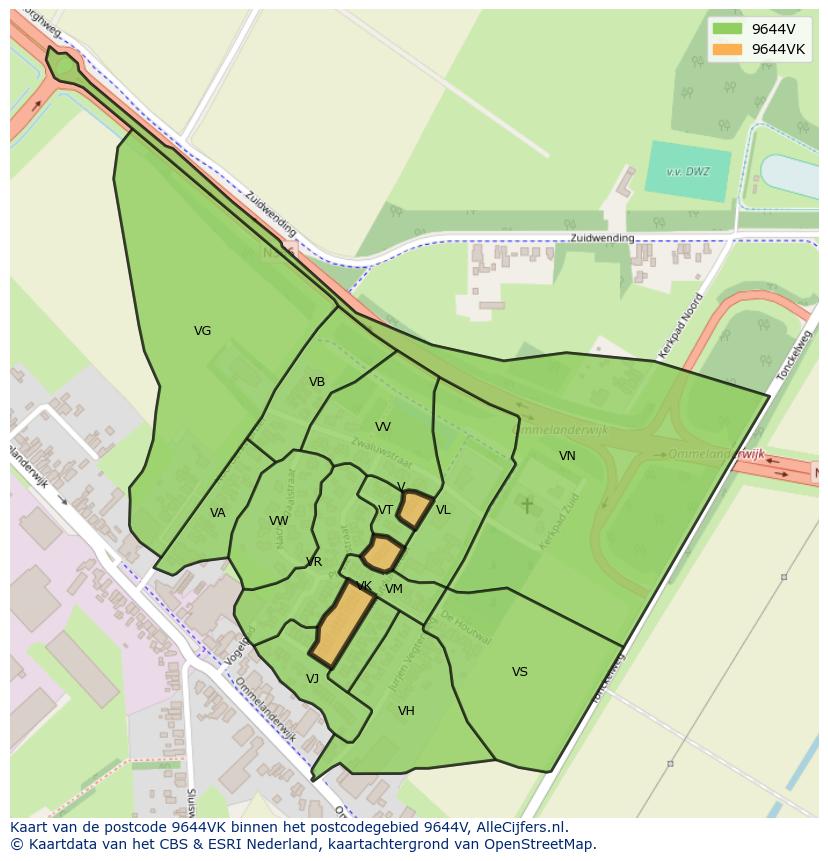 Afbeelding van het postcodegebied 9644 VK op de kaart.