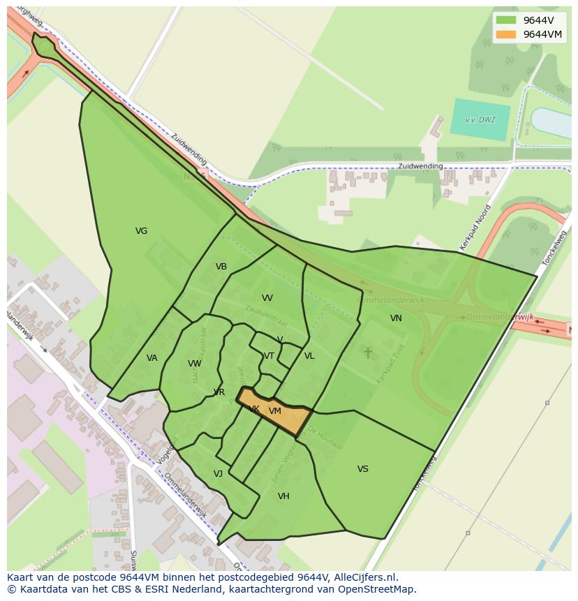 Afbeelding van het postcodegebied 9644 VM op de kaart.