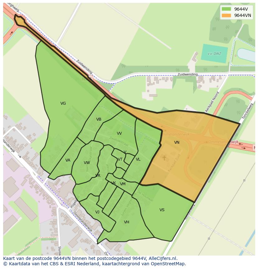 Afbeelding van het postcodegebied 9644 VN op de kaart.