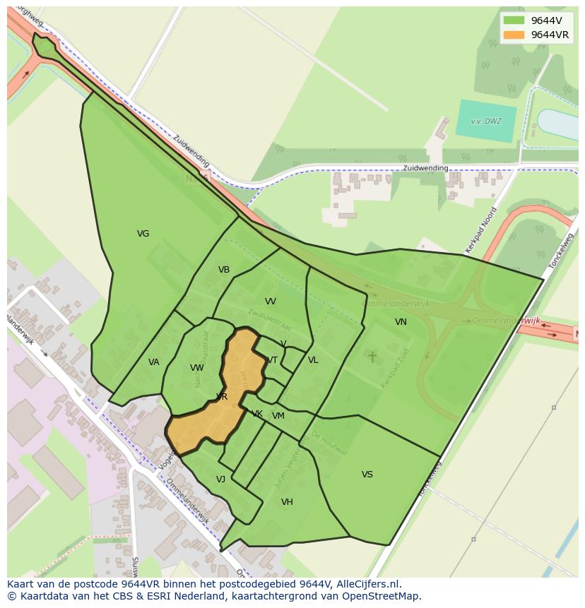 Afbeelding van het postcodegebied 9644 VR op de kaart.