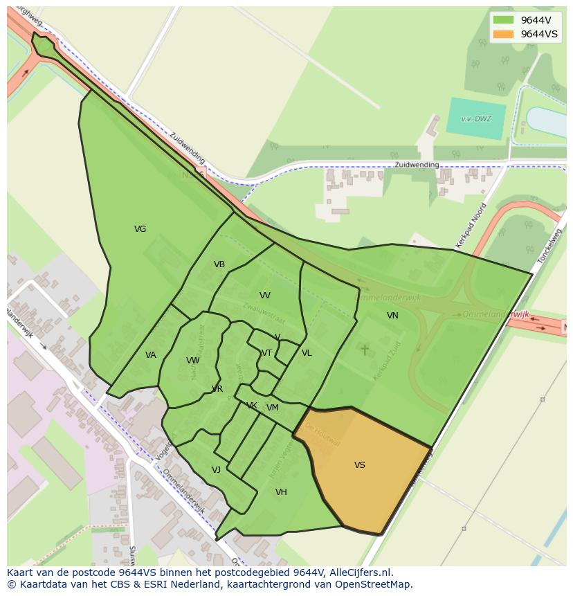Afbeelding van het postcodegebied 9644 VS op de kaart.
