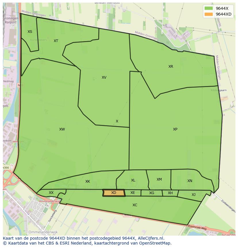 Afbeelding van het postcodegebied 9644 XD op de kaart.