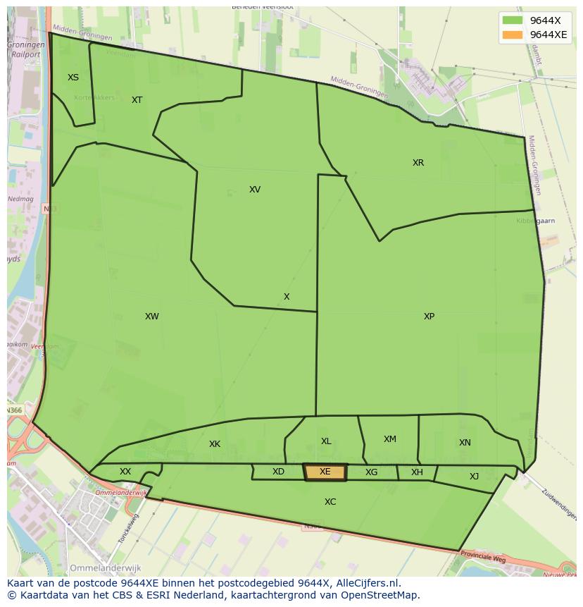 Afbeelding van het postcodegebied 9644 XE op de kaart.