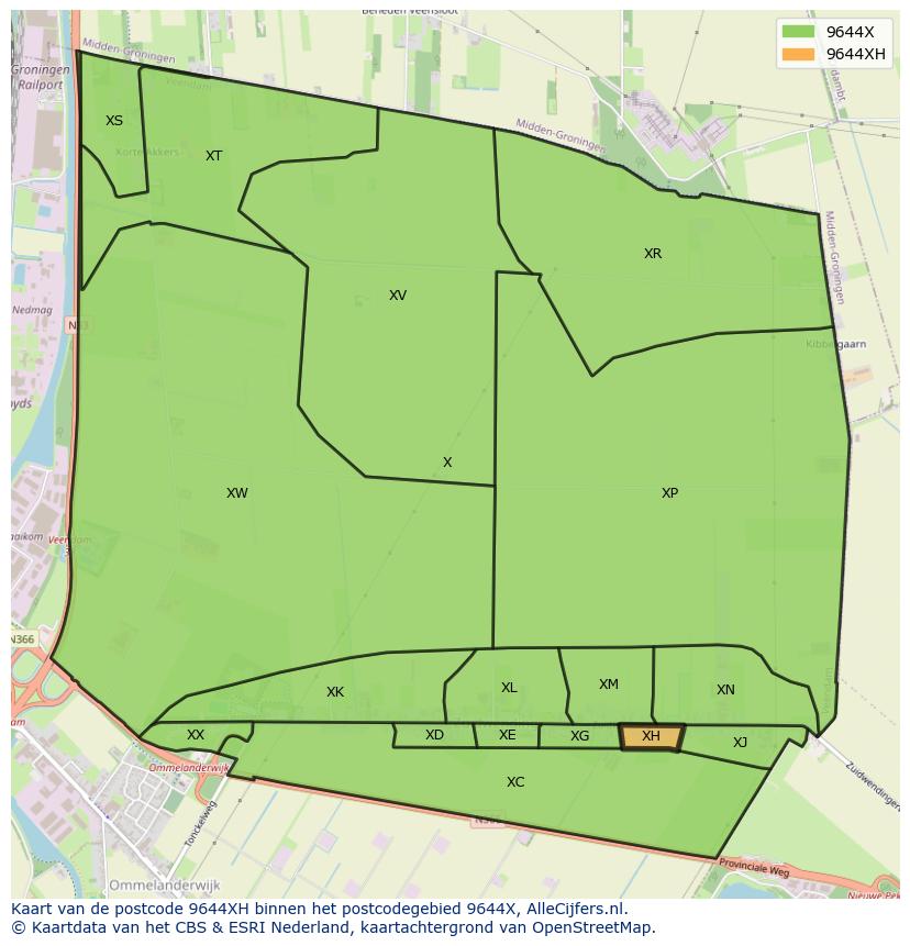 Afbeelding van het postcodegebied 9644 XH op de kaart.