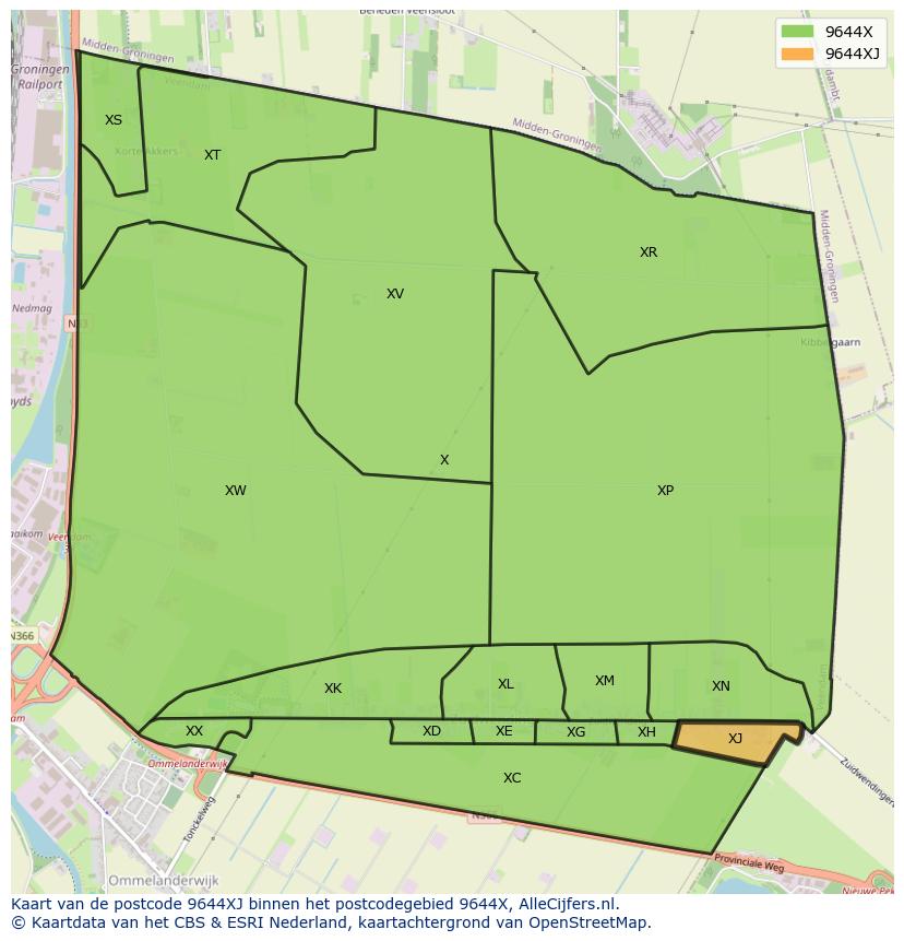 Afbeelding van het postcodegebied 9644 XJ op de kaart.