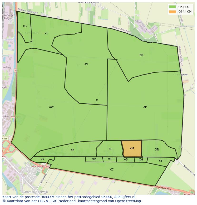 Afbeelding van het postcodegebied 9644 XM op de kaart.