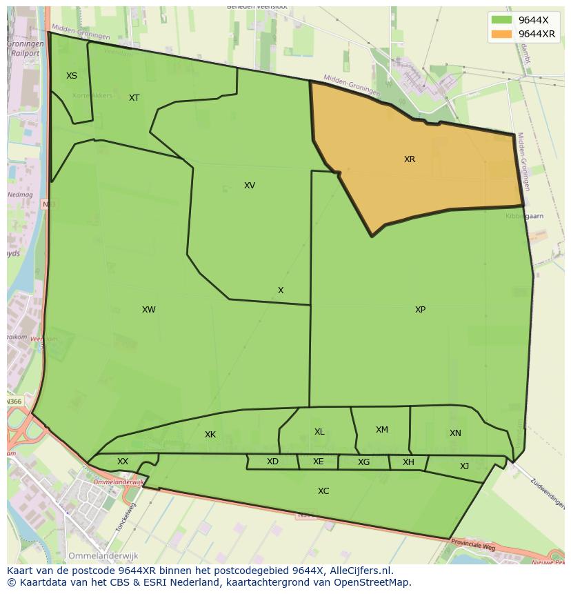 Afbeelding van het postcodegebied 9644 XR op de kaart.