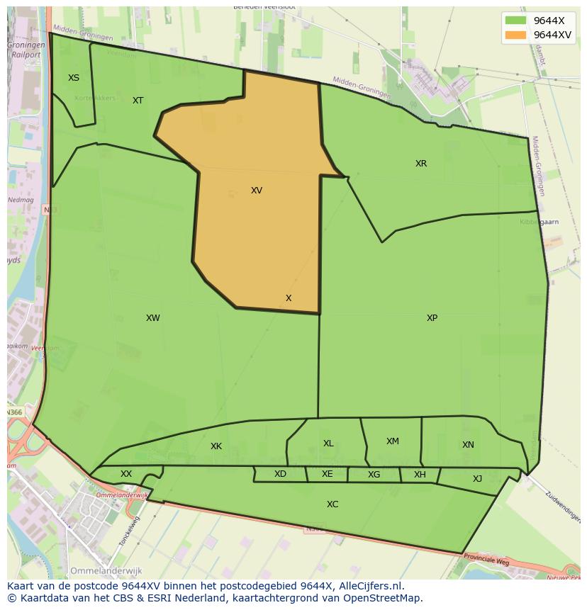 Afbeelding van het postcodegebied 9644 XV op de kaart.