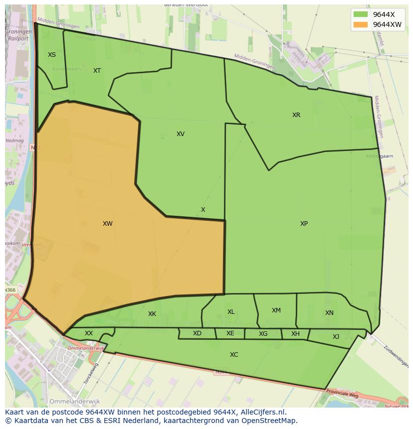 Afbeelding van het postcodegebied 9644 XW op de kaart.