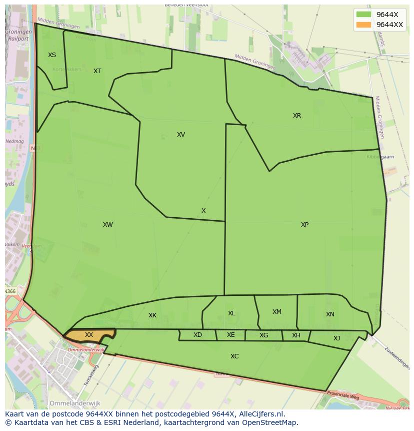 Afbeelding van het postcodegebied 9644 XX op de kaart.