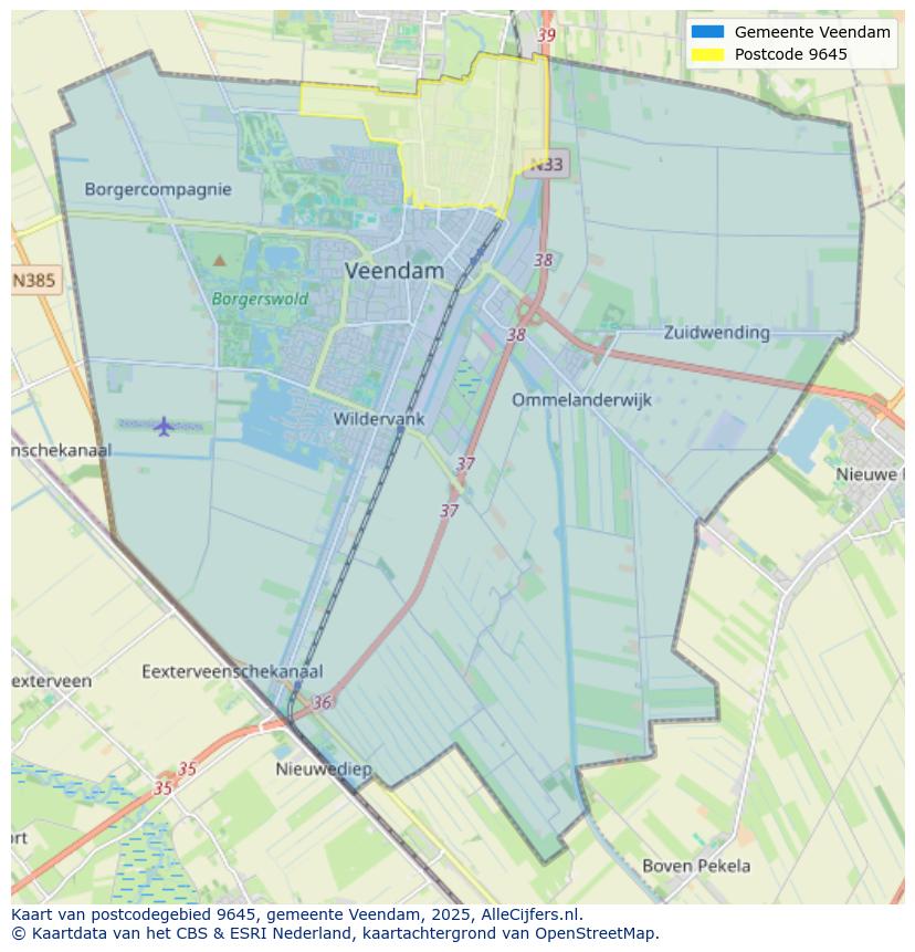 Afbeelding van het postcodegebied 9645 op de kaart.