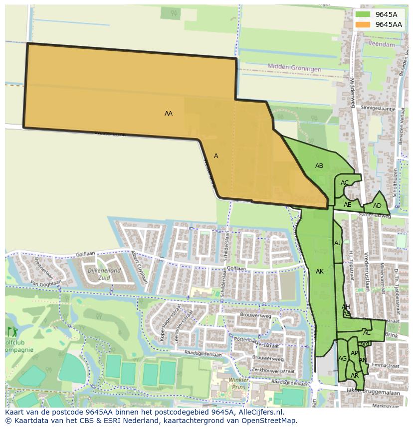 Afbeelding van het postcodegebied 9645 AA op de kaart.