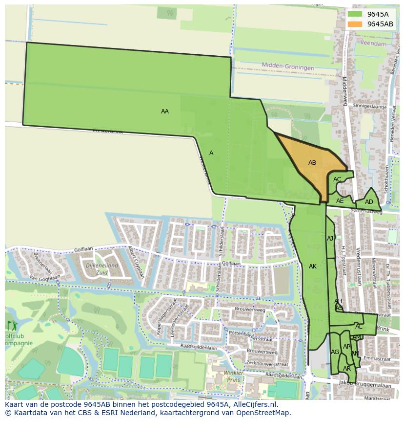 Afbeelding van het postcodegebied 9645 AB op de kaart.
