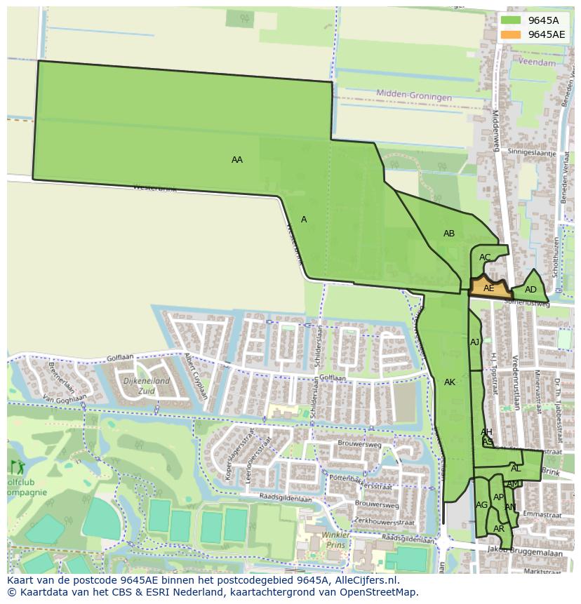 Afbeelding van het postcodegebied 9645 AE op de kaart.