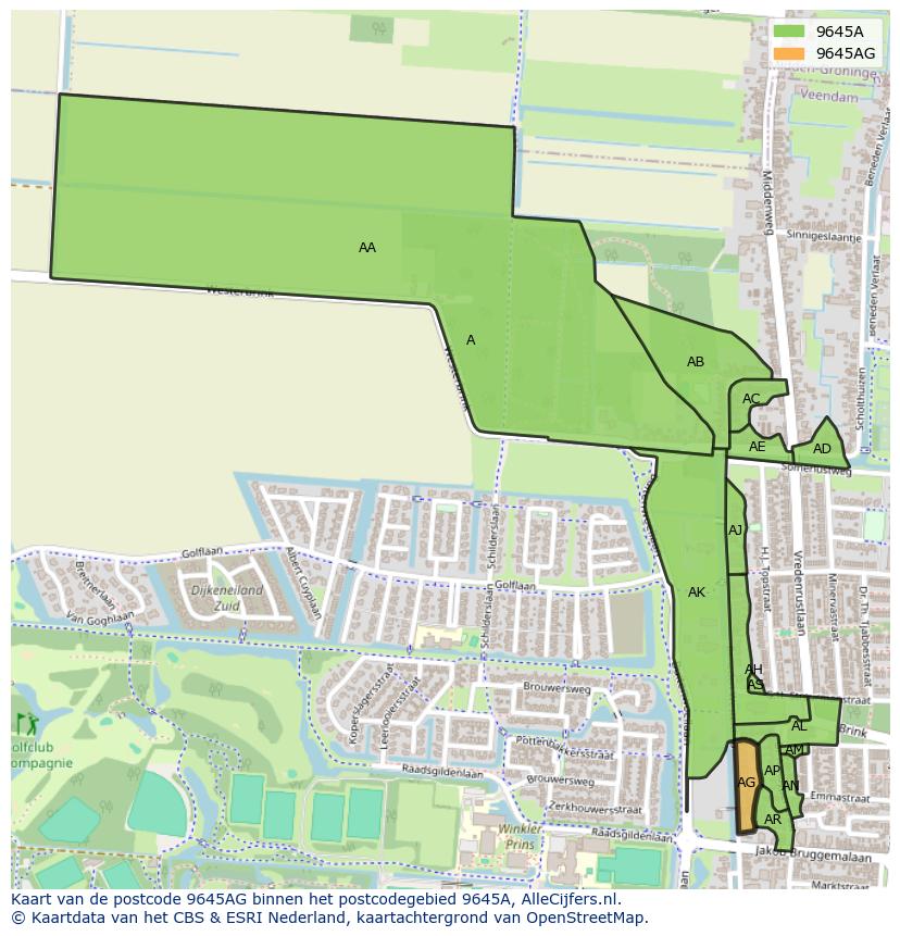 Afbeelding van het postcodegebied 9645 AG op de kaart.
